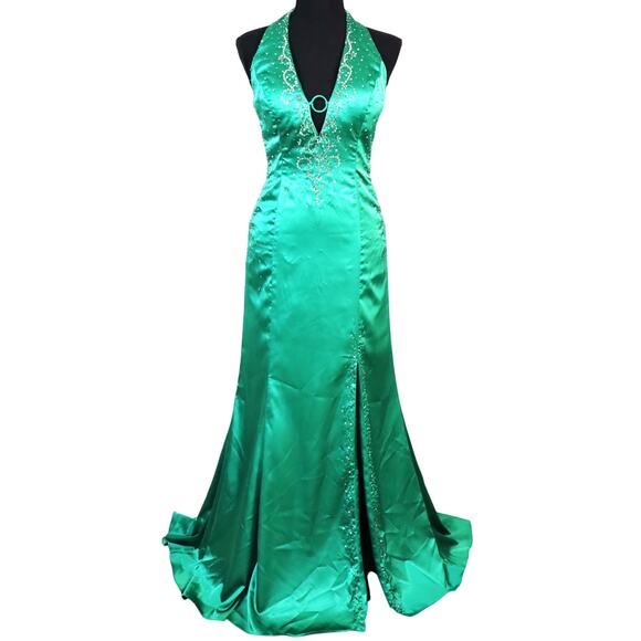 Vintage Y2K Green Satin Dress Beaded Sequin Halter XS Cutout Sides Plunge Deep V - Picture 1 of 12